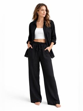 Old Navy Linen Blend Button Down Boyfriend Shirt Black Size XL tall